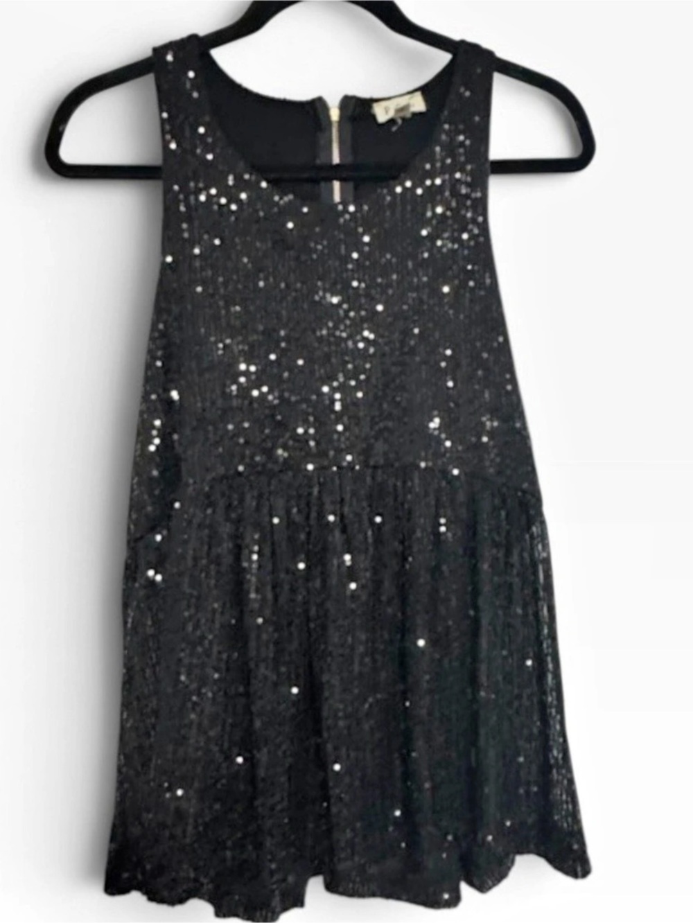POL Clothing Black Sequin Trapeze Tank Top Mesh Sparkle Babydoll Blouse S